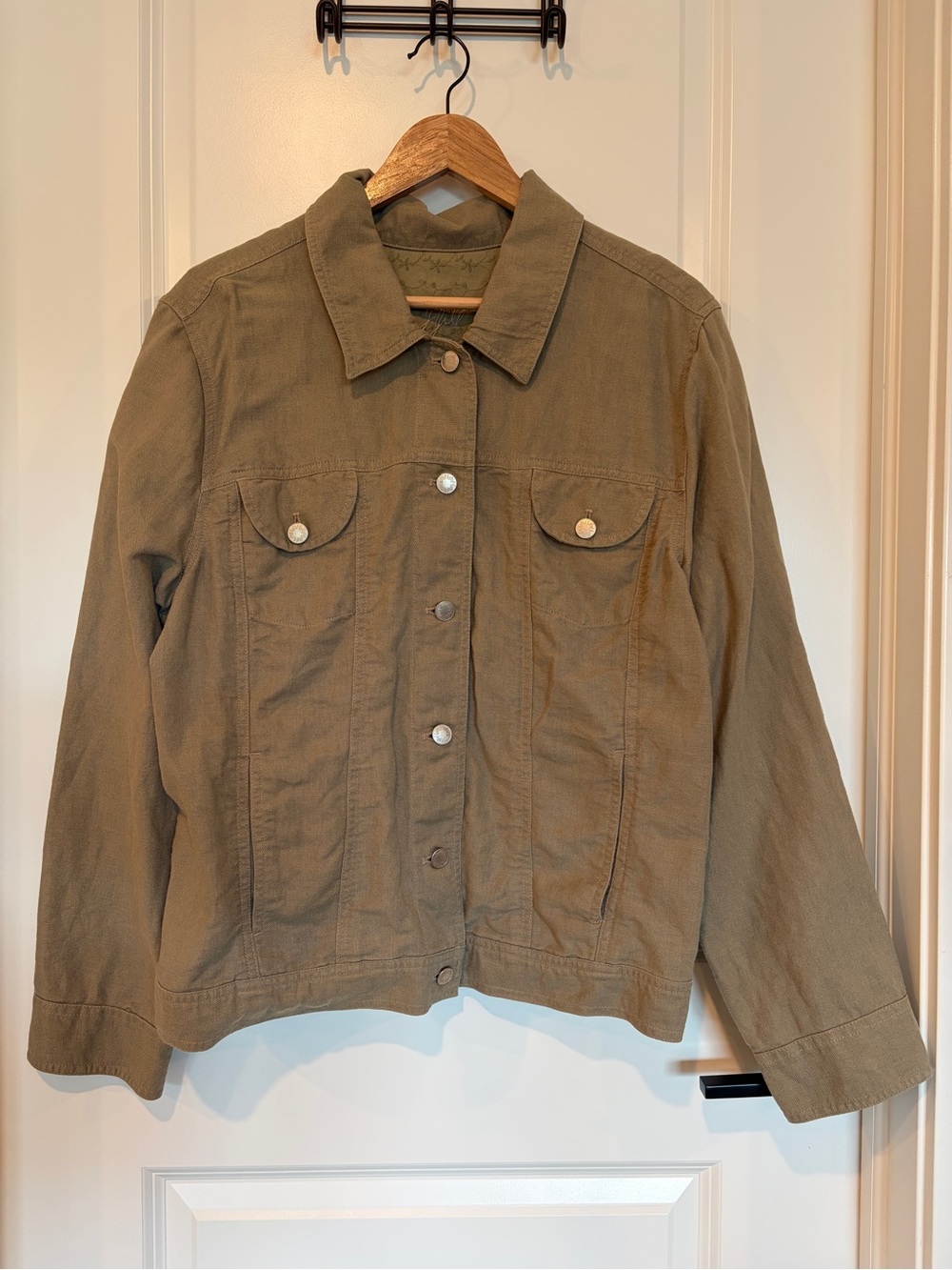 J. Jill Embroidered Linen Cotton Blend Button Up Trucker Jacket XL Khaki Olive
